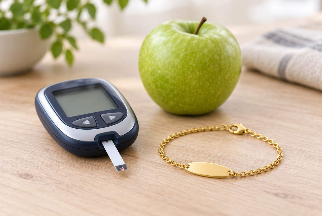 Glucosemeter, appel en een gouden medische ID-armband op tafel