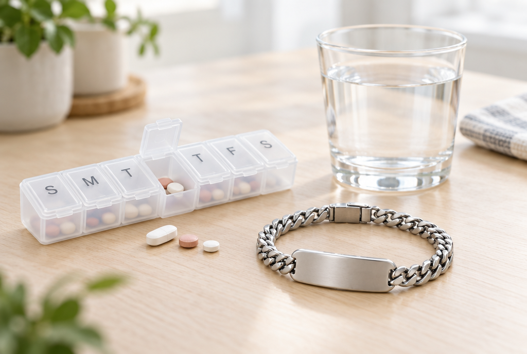 Pillendoos, glas water en een medische ID-armband op tafel