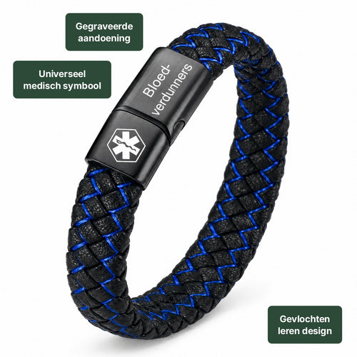 Gevlochten leren medische armband bloedverdunners: gevlochten design, gegraveerde aandoening en universeel medisch symbool
