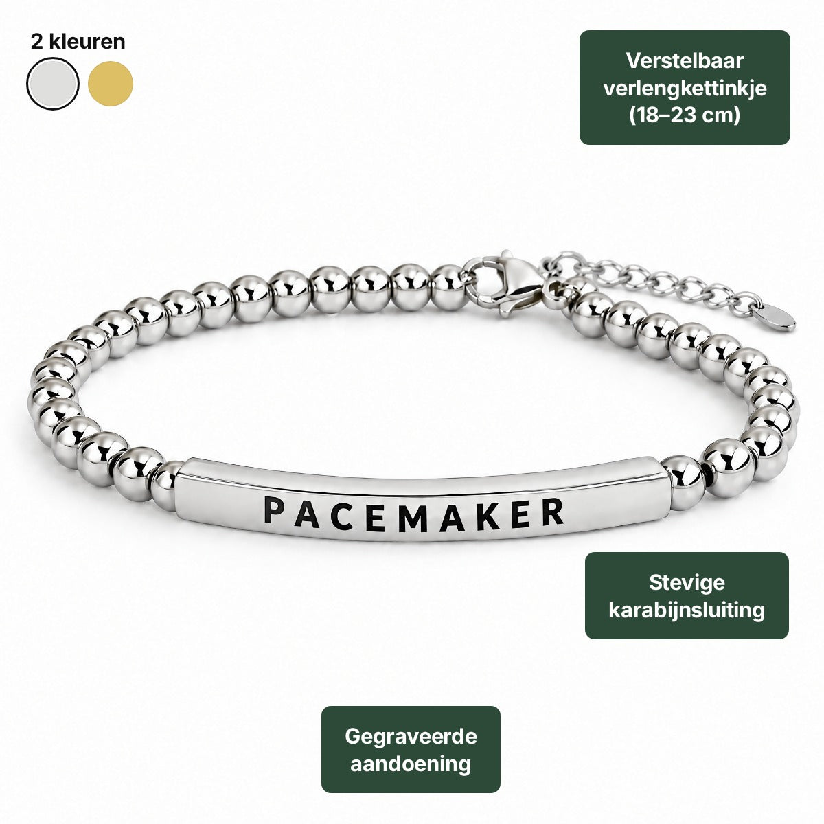 Pacemaker armband in zilver: balletjesketting met gebogen plaatje, karabijnsluiting en verlengkettinkje (18–23 cm)