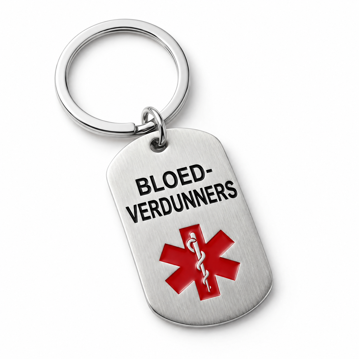 Bloedverdunners sleutelhanger: stalen plaatje met zwarte gravure BLOEDVERDUNNERS en rood medisch symbool, aan een sleutelring
