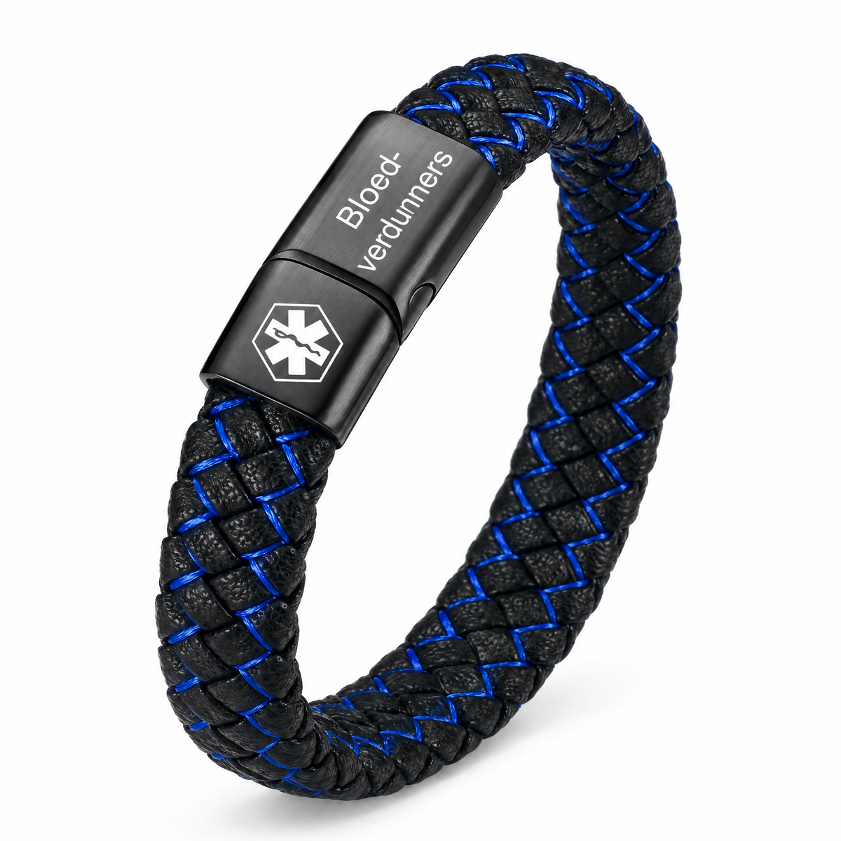 Gevlochten leren armband in zwart en blauw, zwarte magneetsluiting met gravure Bloedverdunners en het medische symbool