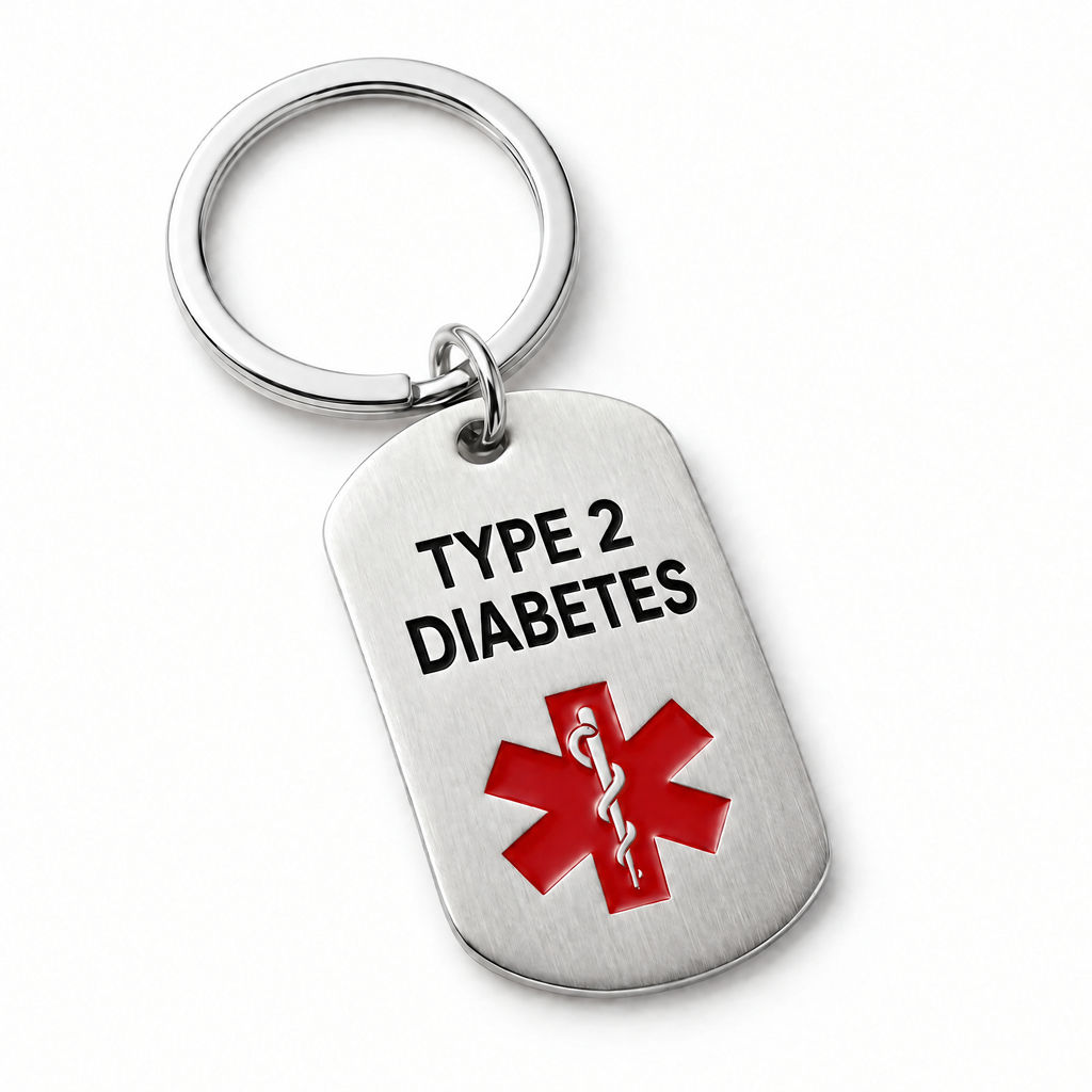 Diabetes sleutelhanger: stalen plaatje met zwarte gravure TYPE 2 DIABETES en rood medisch symbool, aan een sleutelring