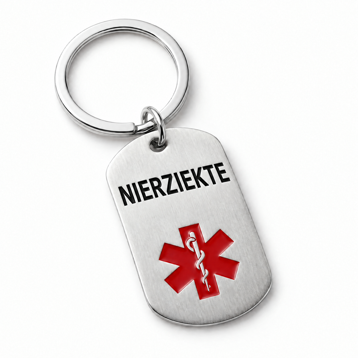 Nierziekte sleutelhanger: stalen plaatje met zwarte gravure NIERZIEKTE en rood medisch symbool, aan een sleutelring
