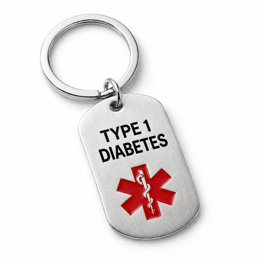 Diabetes sleutelhanger: stalen plaatje met zwarte gravure TYPE 1 DIABETES en rood medisch symbool, aan een sleutelring