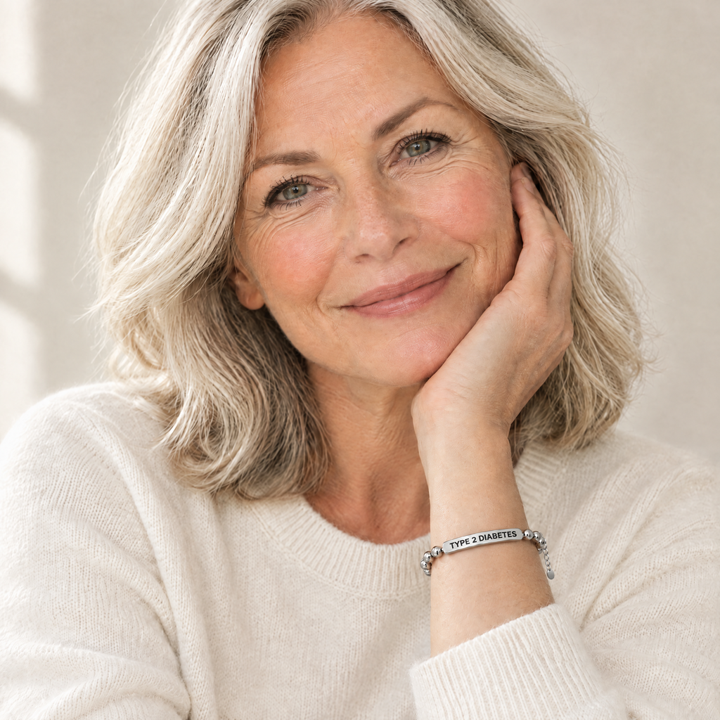 Vrouw draagt de zilveren diabetes armband