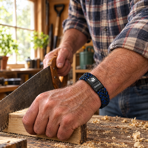 Man van rond de 60 aan zijn werkbank met de gevlochten bloedverdunners armband om de pols