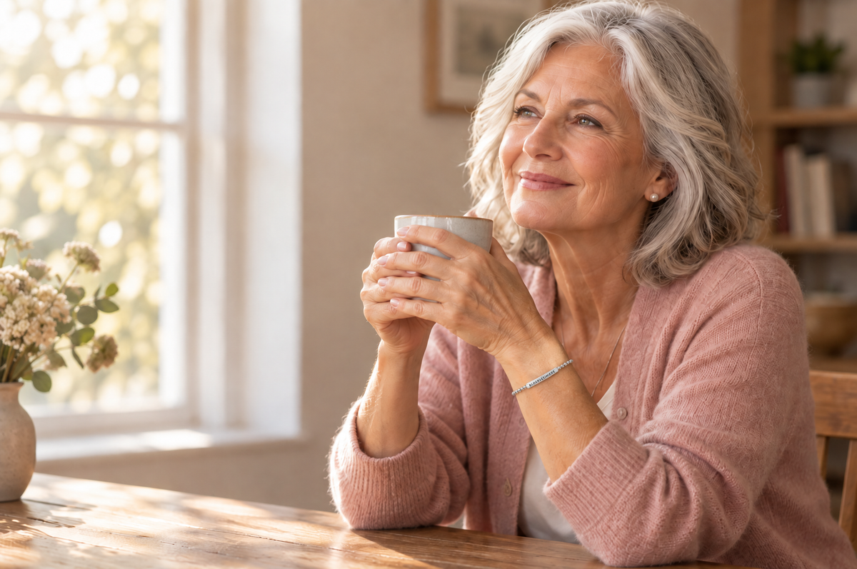 Vrouw met kop koffie aan tafel, medische ID-armband om de pols
