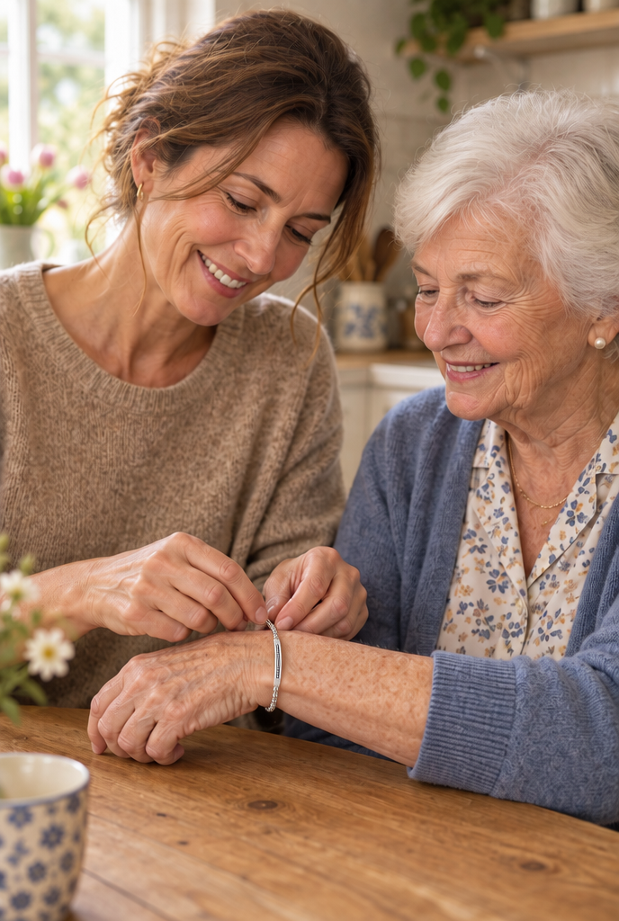 Dochter doet haar moeder een medische ID-armband om