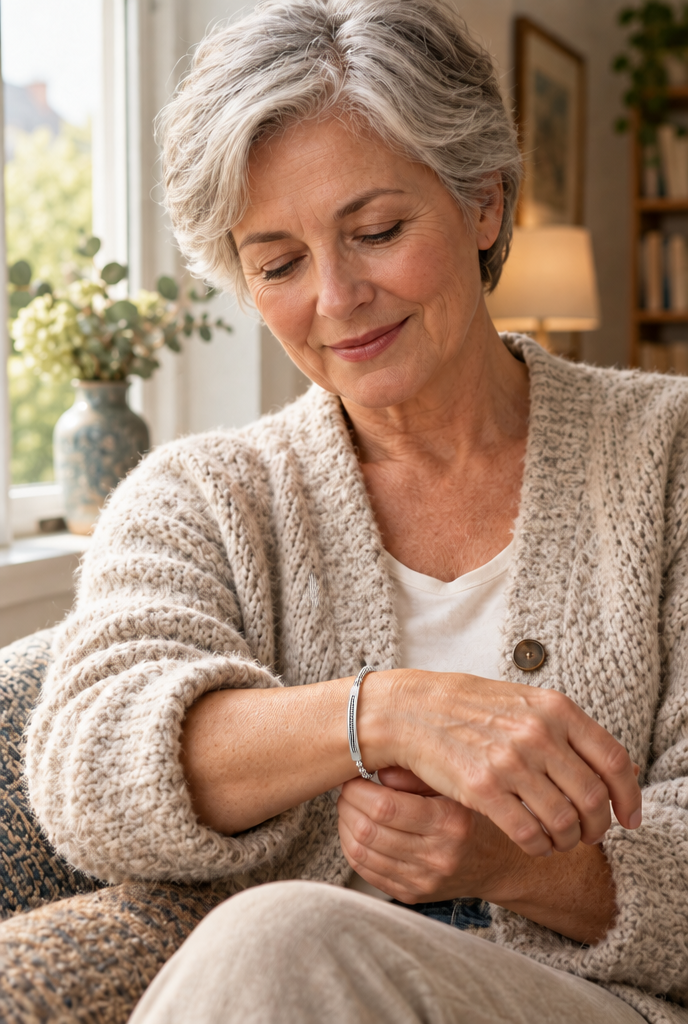 Vrouw bekijkt haar medische ID-armband bij het raam